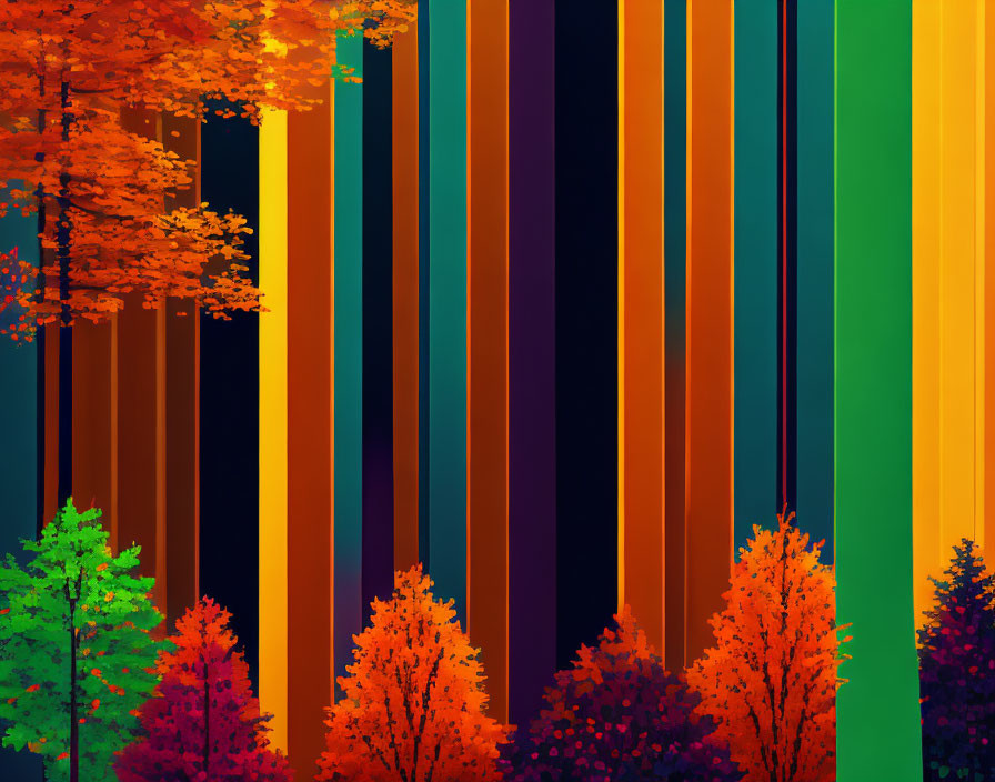 Abstract Vertical Stripes Represent Seasons in a Vibrant Forest