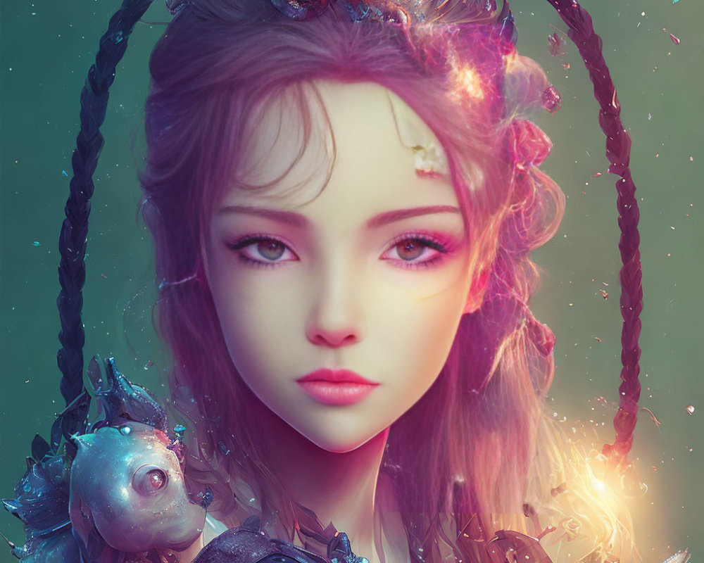 Fantasy portrait featuring female figure with purple hair and crystalline floral decorations
