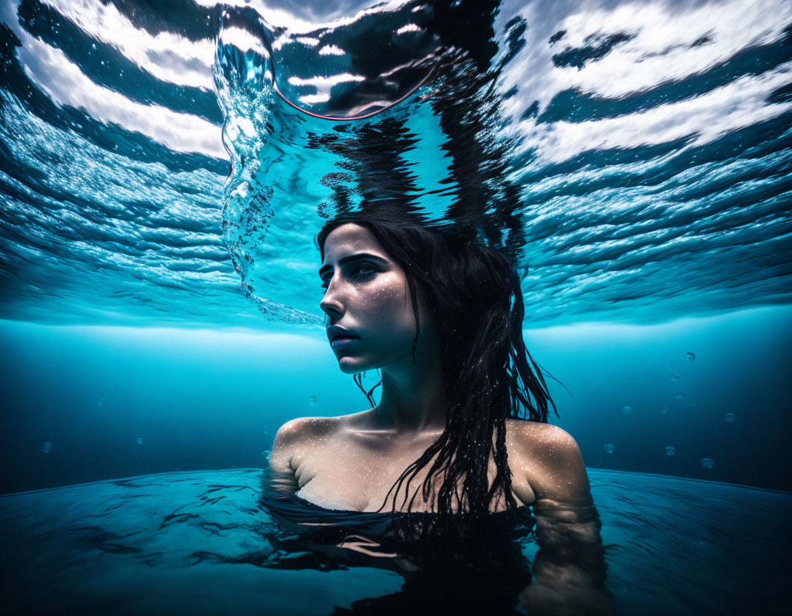 Woman Submerged in Water Surrounded by Deep Blue Tones