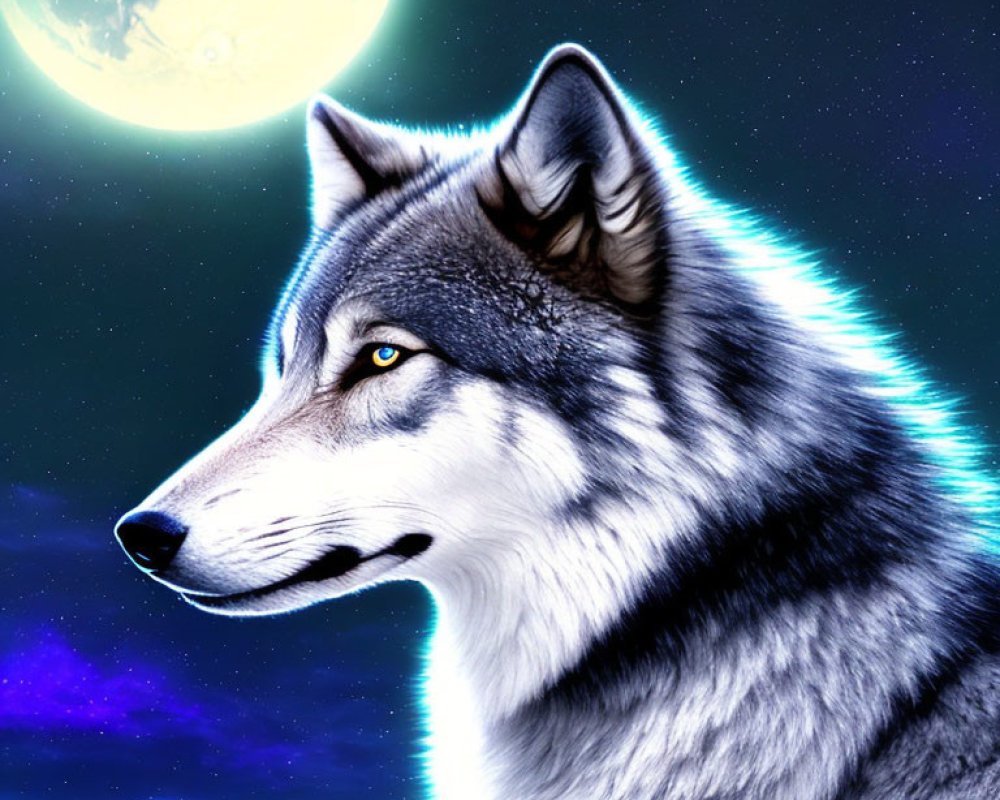 Grey Wolf Profile Under Full Moon and Snow-Covered Mountains