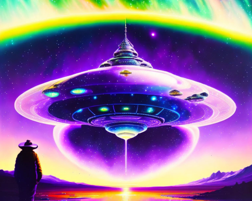 Silhouette person gazes at colorful UFO in vibrant aurora sky