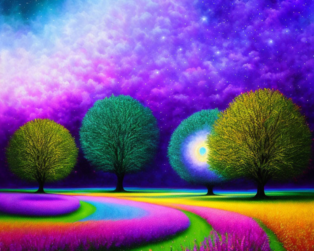 Colorful Galaxy Sky Over Three Luminous Trees and Flowering Fields