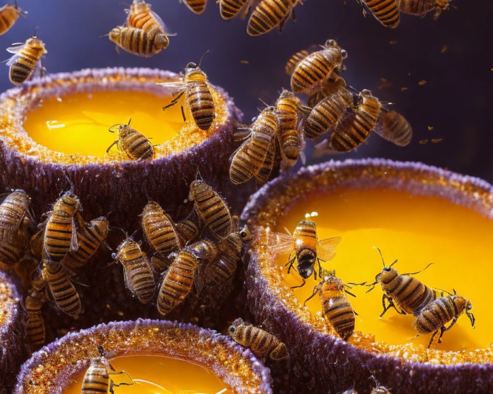Bees swarming over golden honeycombs in action.