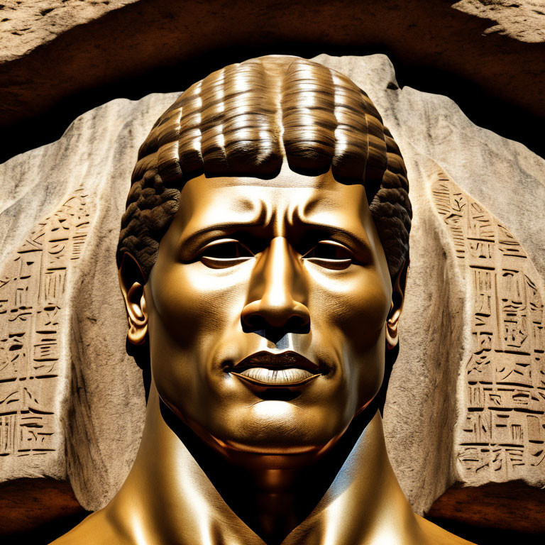 Golden bust with stylized hair against hieroglyphic inscriptions in ancient Egyptian style