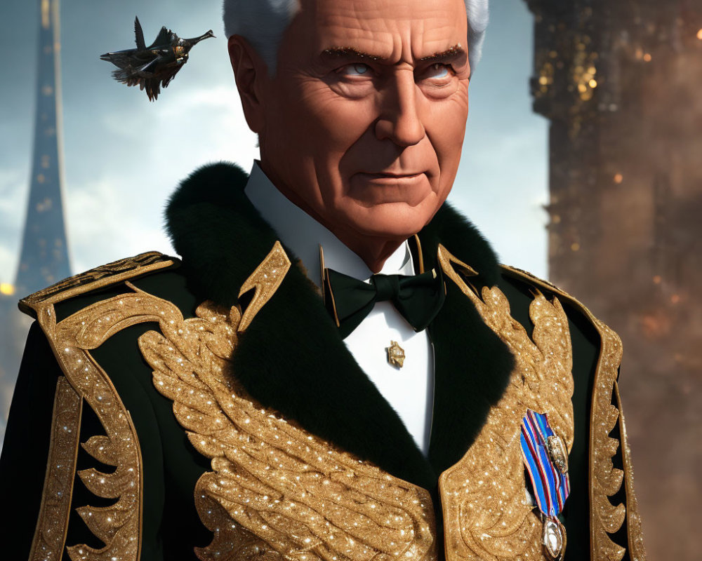 Elder statesman in military uniform with white hair in futuristic cityscape