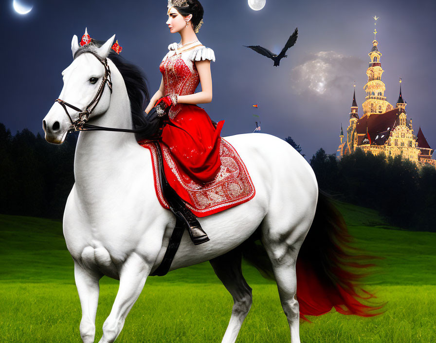 Woman in red & white dress on white horse near castle under full moon