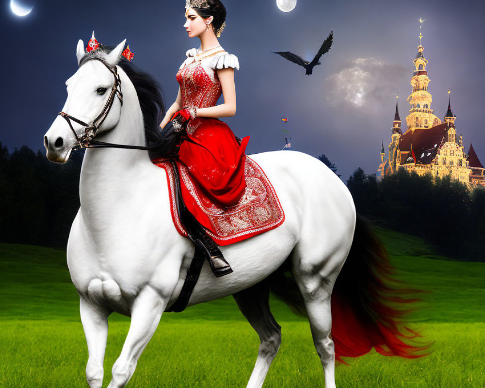 Woman in red & white dress on white horse near castle under full moon