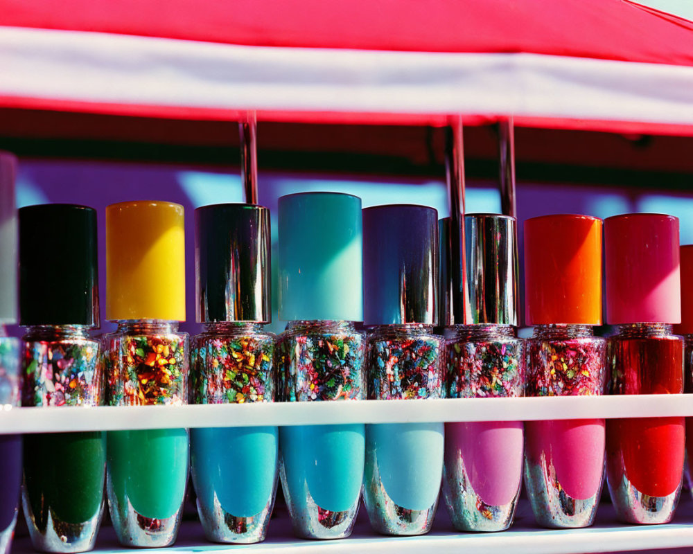 Colorful Nail Polish Bottles Displaying Various Hues Including Glitter