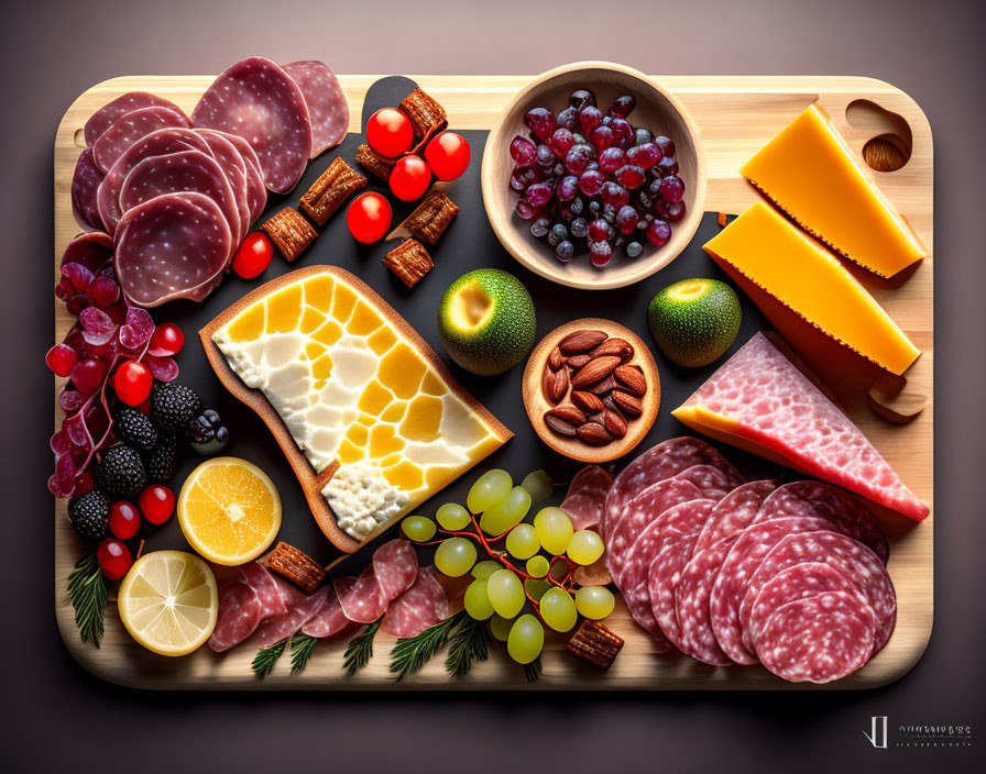 Assorted charcuterie board with cheeses, meats, nuts, and fruit on wood