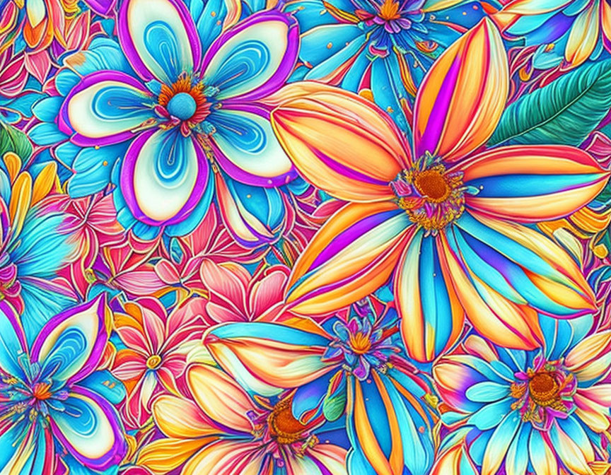 Colorful Stylized Flower Artwork with Detailed Leafy Background