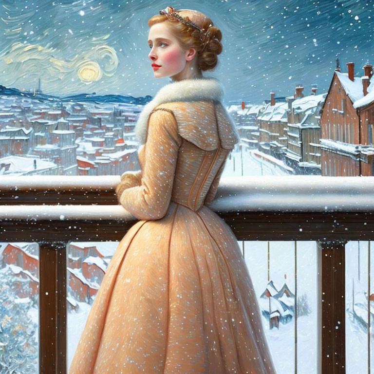 Vintage Peach Dress and Starry Sky Over Snowy Town Balcony View