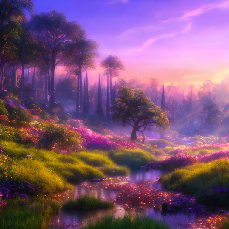 Tranquil landscape with meandering stream and vibrant purple flowers