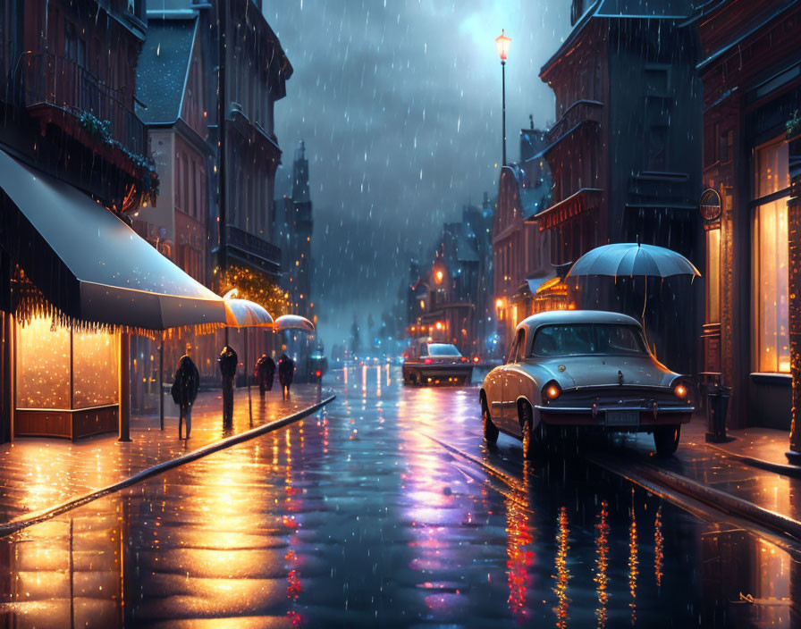 City street scene: rainy evening, pedestrians with umbrellas, vintage car, glowing shop lights