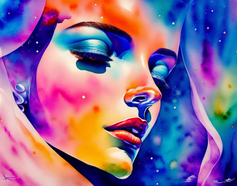 Vivid Abstract Watercolor Portrait of Woman with Prominent Makeup