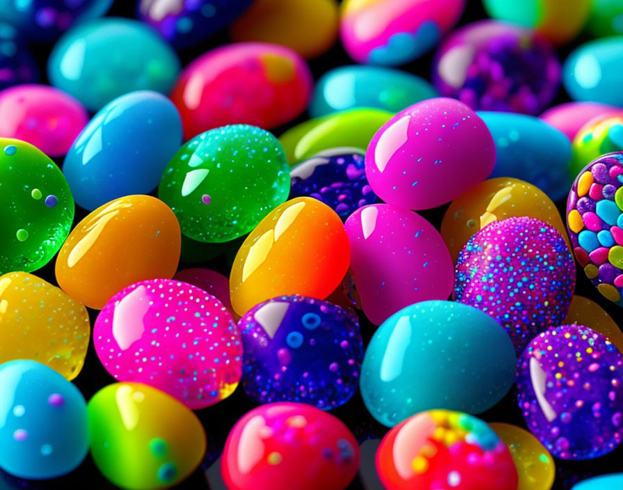 Vibrant Easter eggs with polka dots and speckles in close arrangement