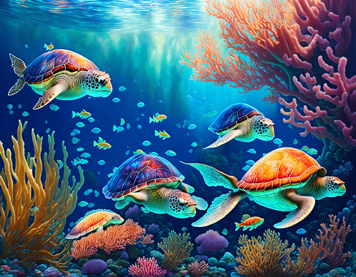 Sea Turtles and Fish in Vibrant Coral Reef Scene