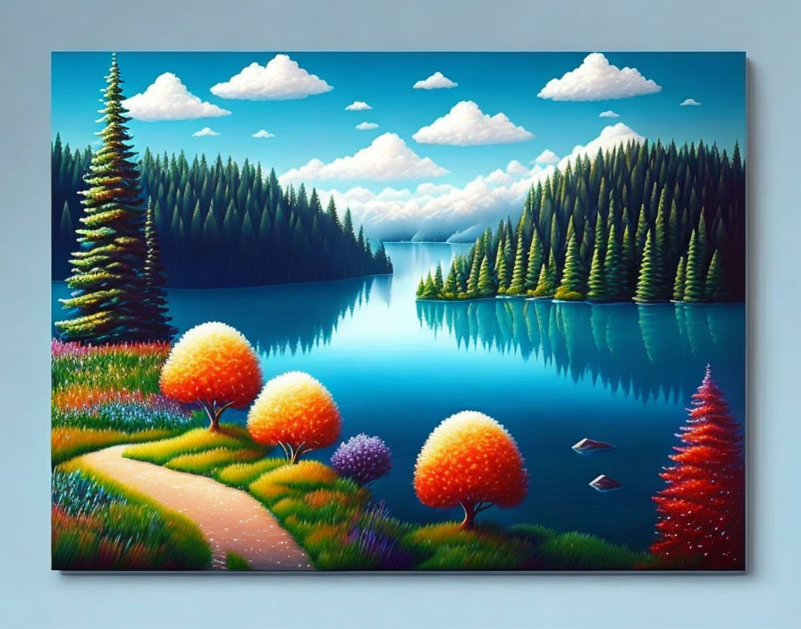 Serene lake painting with lush forest, blue sky, and colorful trees