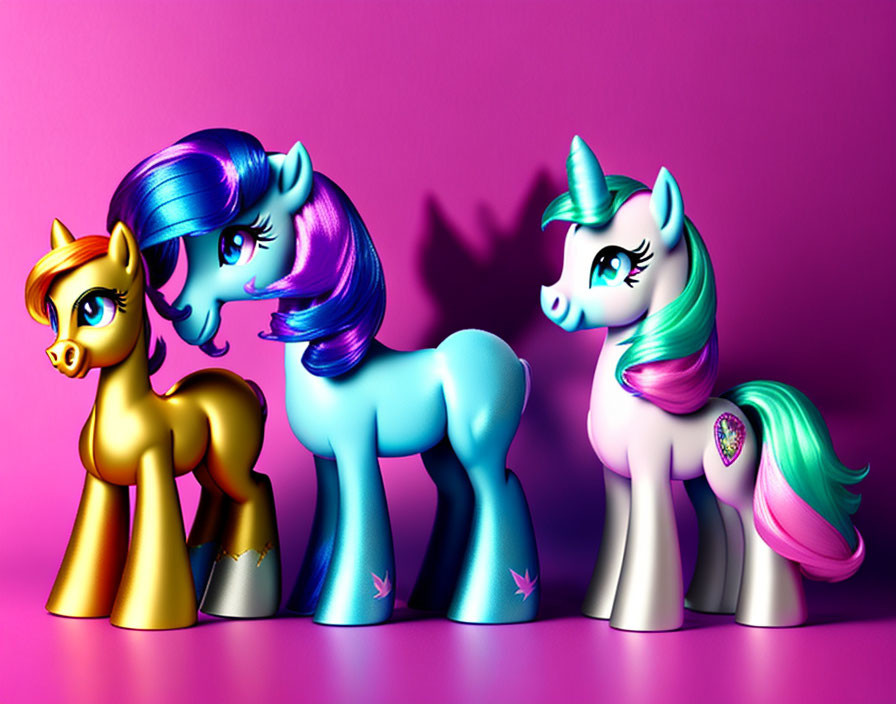 Colorful Toy Ponies with Shiny Manes on Pink Background