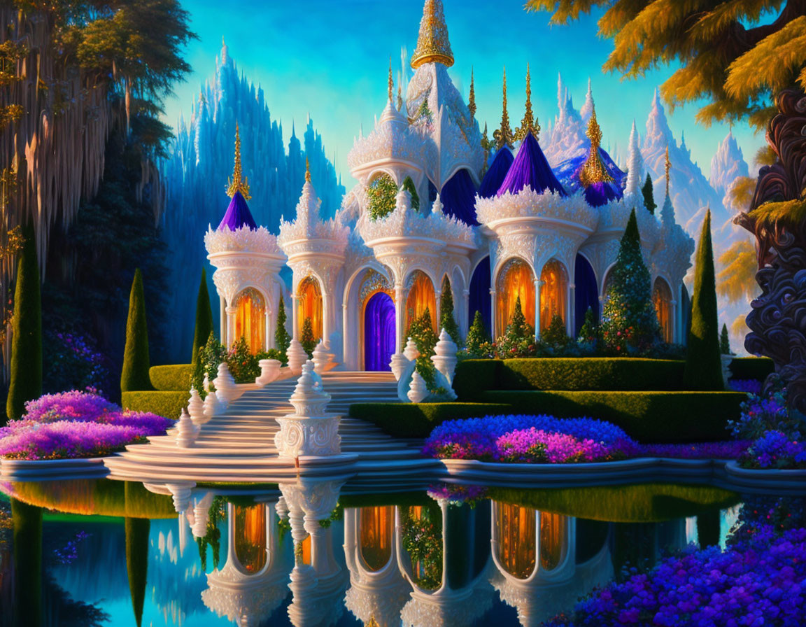 Fantasy castle with white walls and purple roofs in enchanted forest setting