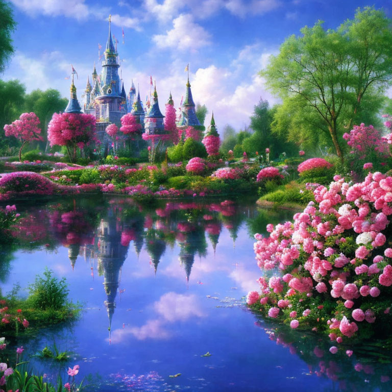 Majestic fairytale castle in lush garden with pink blossoms