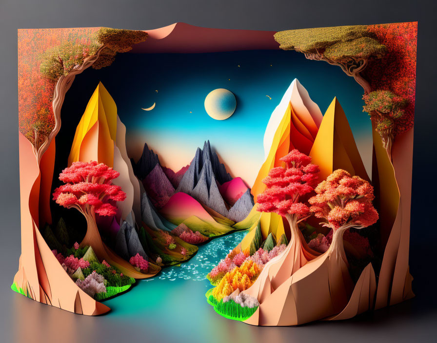 Colorful 3D paper art diorama of mountain landscape with river and moon