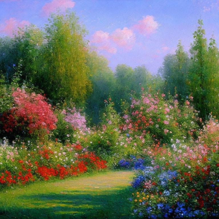 Colorful garden painting with lush trees and blooming flowers under a sunny sky