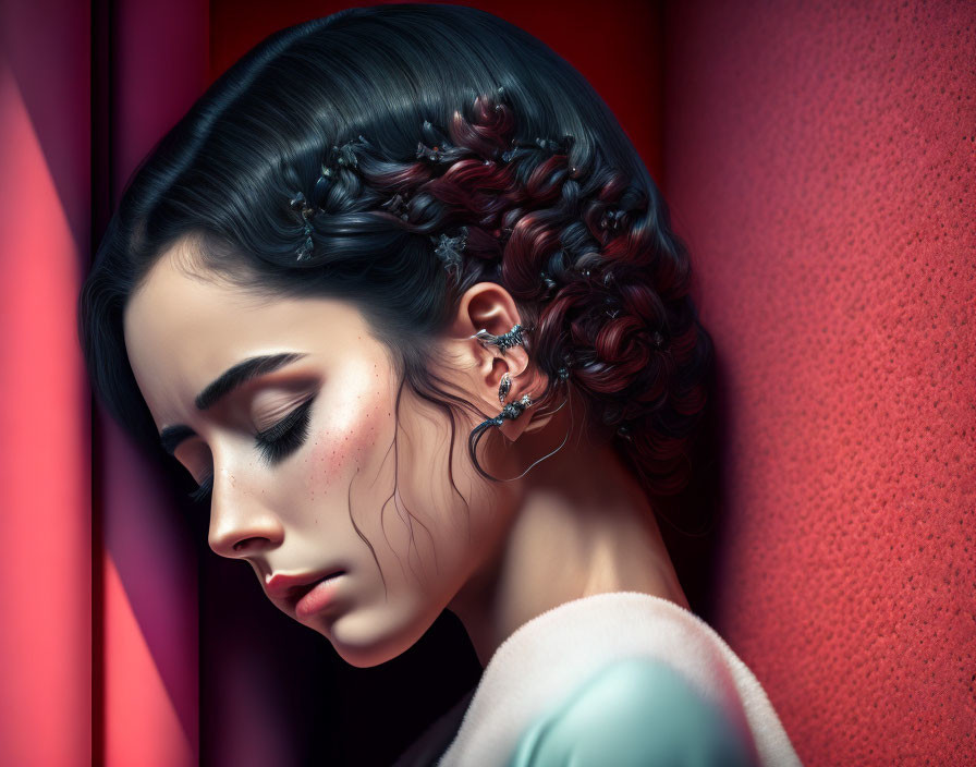 Profile view of woman with braided hairstyle against red textured background
