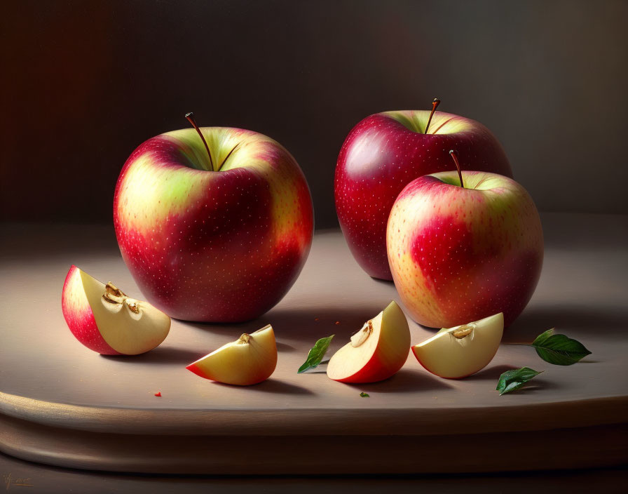 Fresh whole and sliced apples on wooden surface with soft shadow