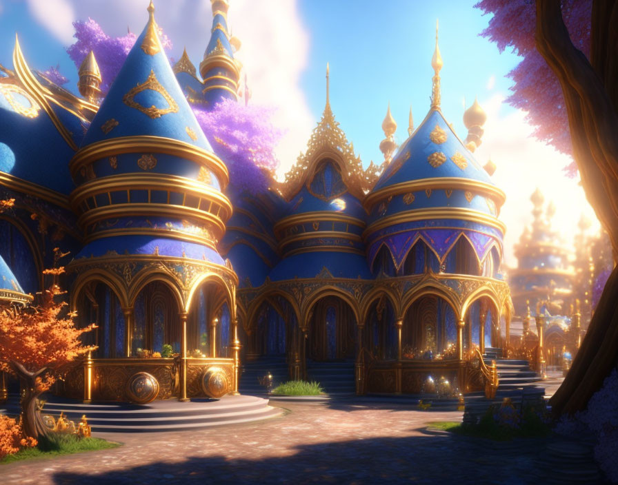 Fantasy castle with blue and gold towers in a purple-leafed forest
