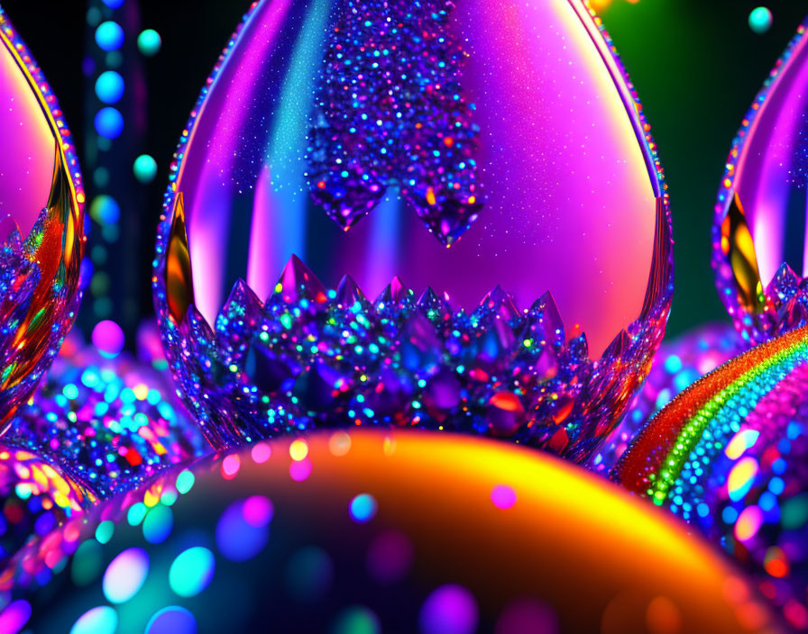 Colorful digital artwork: luminescent eggs, glitter textures, neon lights.