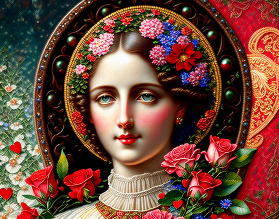 Classical woman portrait with floral wreath and red roses in ornate setting
