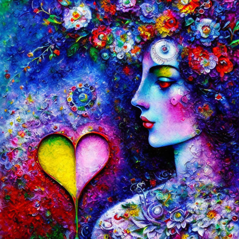 Colorful painting of woman with floral headpiece and heart-shaped leaf