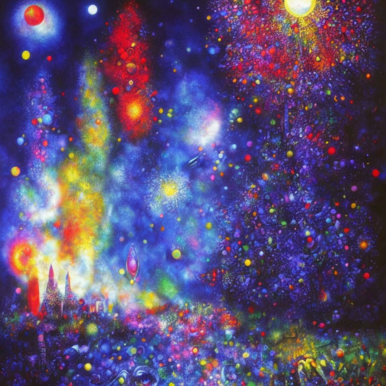 Colorful Abstract Cosmic Scene with Celestial Bodies and Fantastical Elements