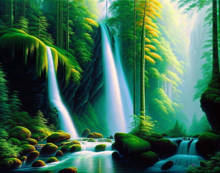 Scenic forest waterfall with lush greenery and sunlight rays
