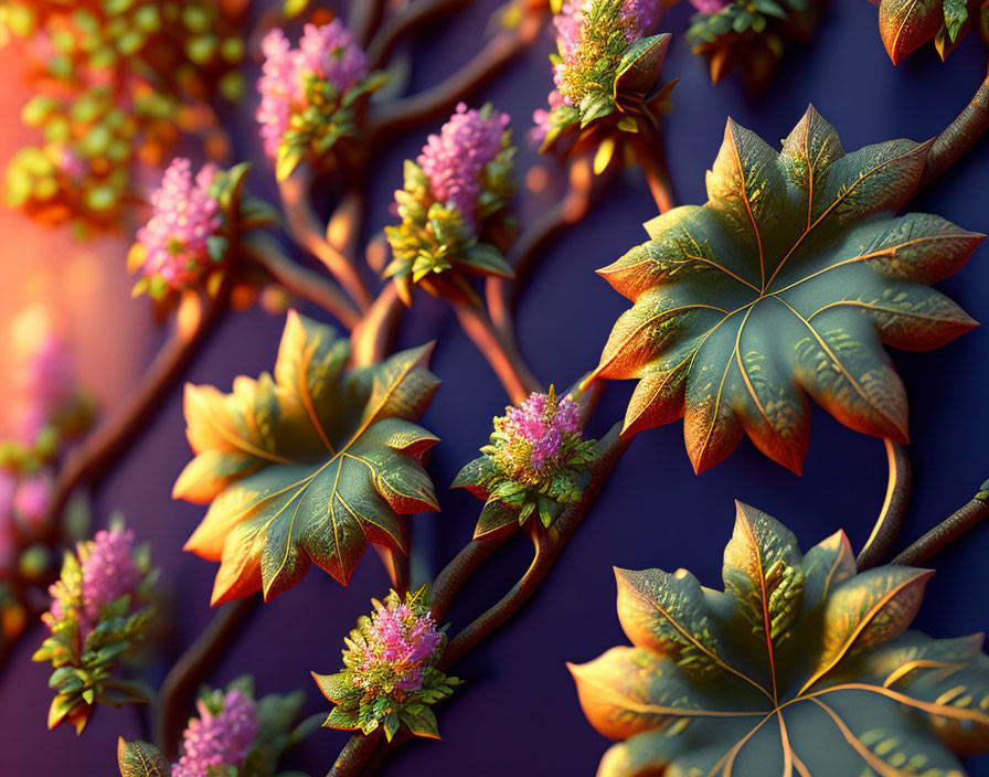 Colorful 3D Render of Golden Leaves and Pink Flowers on Purple Background