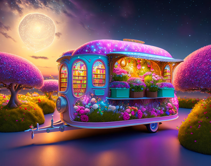 Mobile flower shop surrounded by glowing trees under starry sky