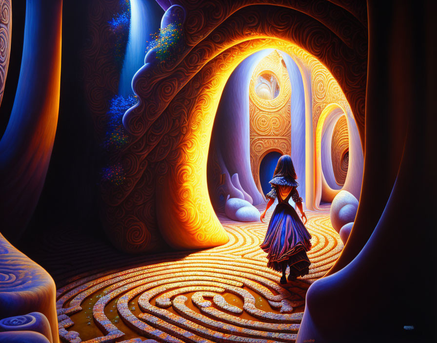 Person in Blue Cloak Walking Through Surreal Tunnel