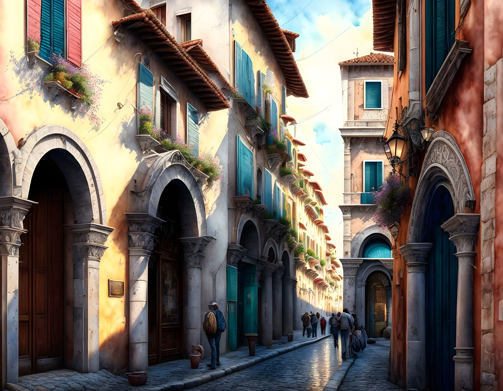 Traditional European architecture on picturesque narrow street with arched doorways, balconies, and people.