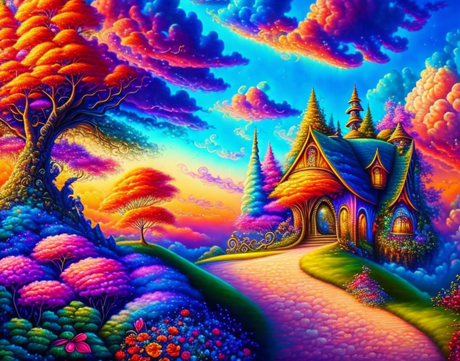 Whimsical cottage in vibrant fantastical landscape