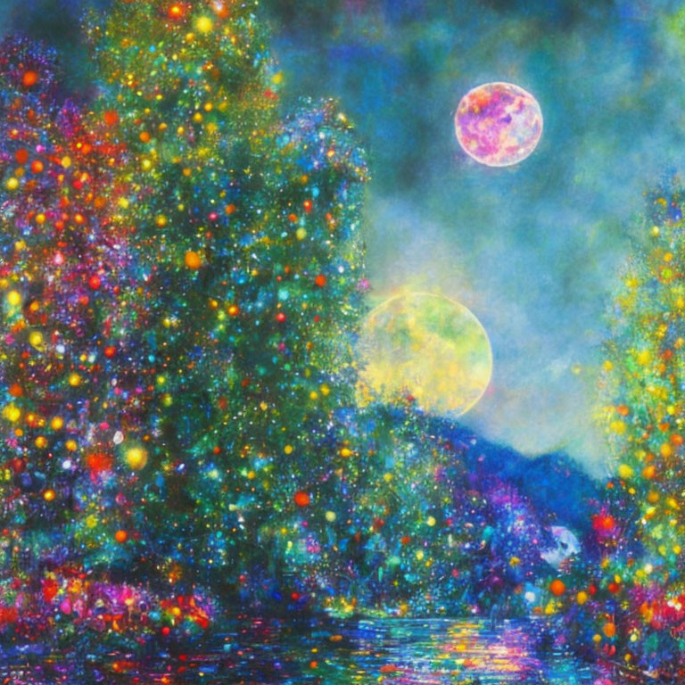 Celestial scene: Vibrant moons, colorful trees, reflective water