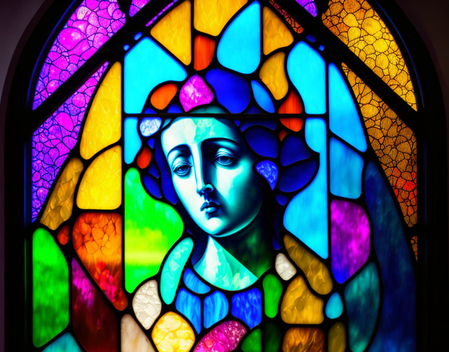 Colorful Stained Glass Artwork of Woman's Face with Vibrant Patterns