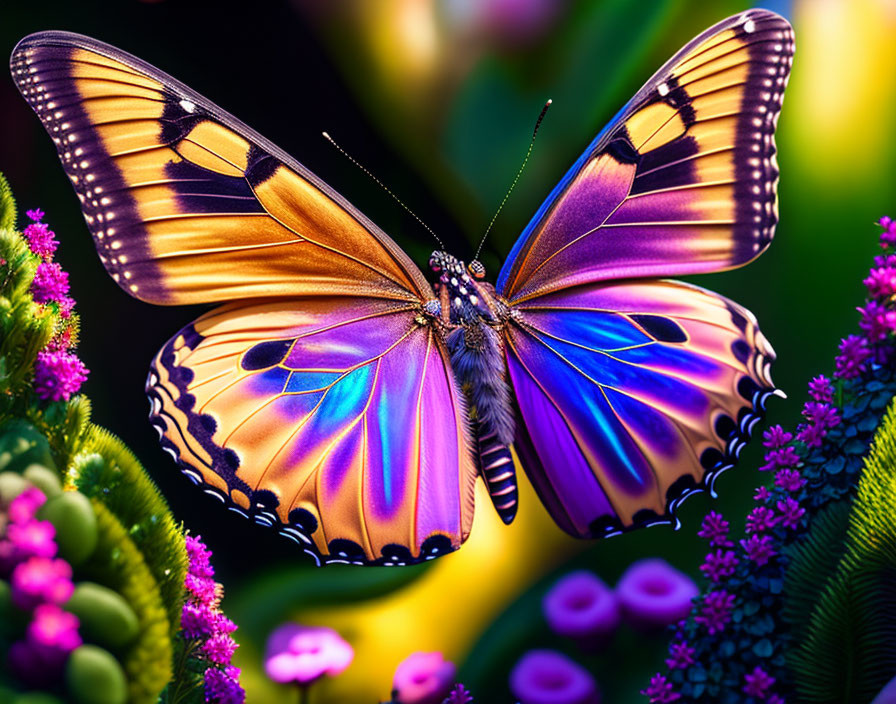 Colorful Butterfly with Yellow, Blue, and Black Wings on Flower with Bokeh Background