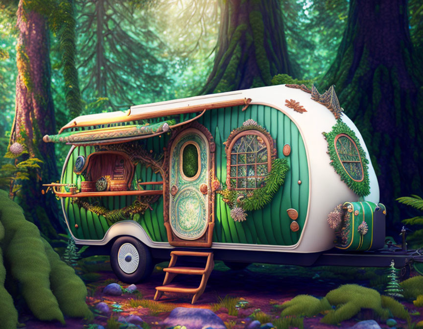 Intricately designed fantasy-themed caravan in lush forest
