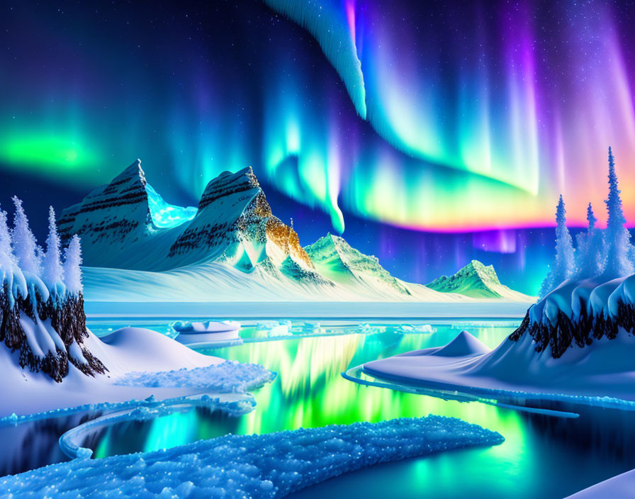 Colorful aurora borealis over snowy landscape with mountains, river, and frosted trees