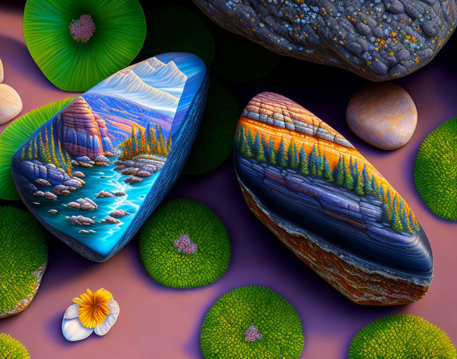 Vibrant digital artwork of serene landscape on rocks