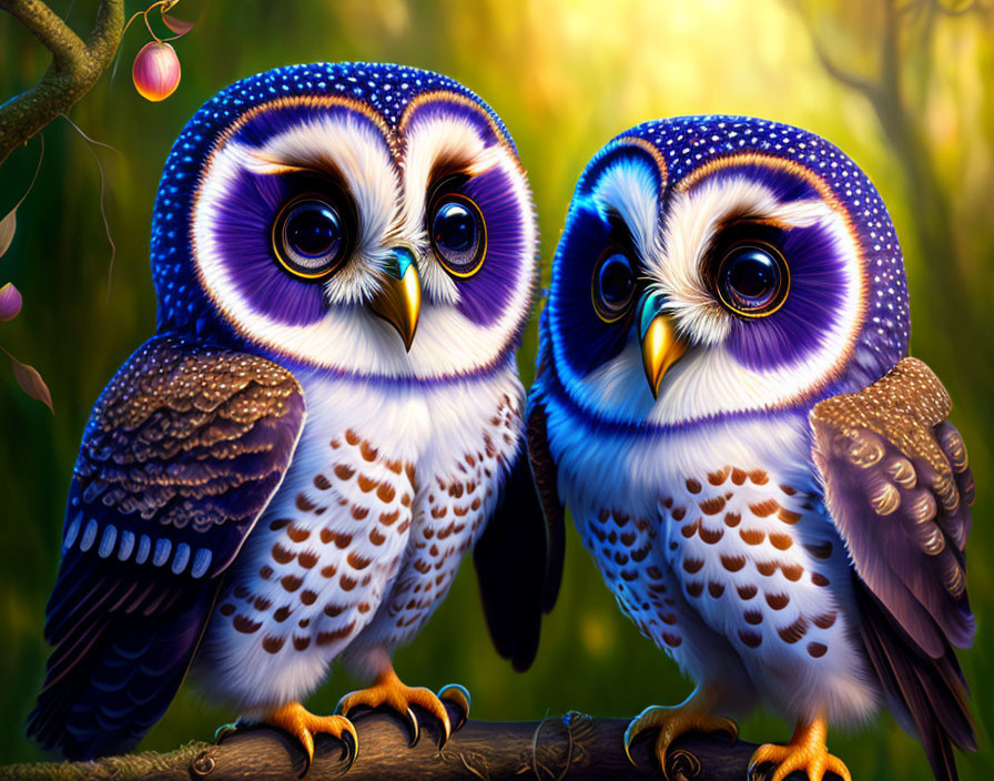 Colorful Stylized Owls Perched on Branch in Whimsical Forest Setting