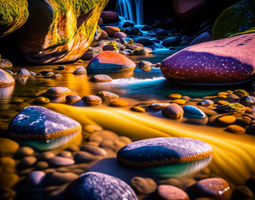 Colorful illuminated pebbles in stream under dark atmosphere