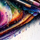 Close-up of Colorful Painting with Water Droplets and Paintbrushes blending Colors