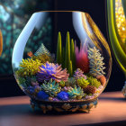 Diverse Succulents and Flowers in Glass Vase with Decorative Plants