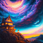 Colorful digital artwork: Cozy cabin on hill with galaxy, sunset, and clouds